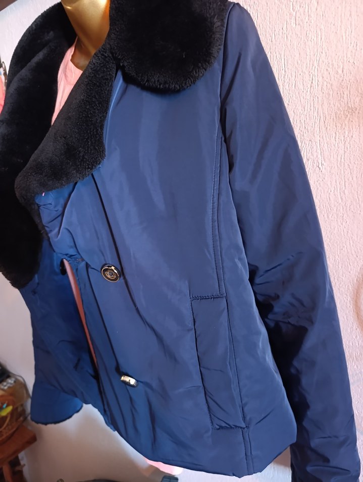 Koyu Mavi Kadın Kışlık Kürklü Ceket - Görsel 3