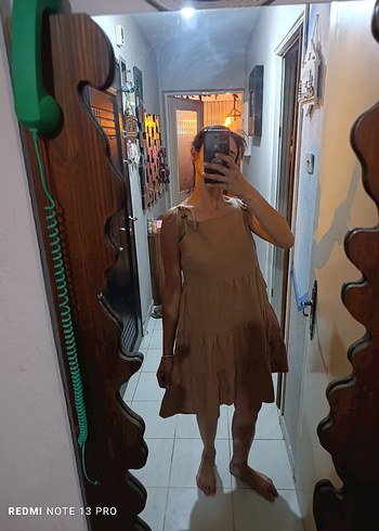 DeFacto Kahverengi Volanlı Keten Midi Elbise - Görsel 6