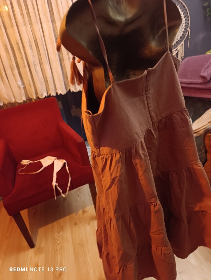 DeFacto Kahverengi Volanlı Keten Midi Elbise - Görsel 4