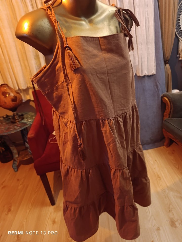 DeFacto Kahverengi Volanlı Keten Midi Elbise - Görsel 3