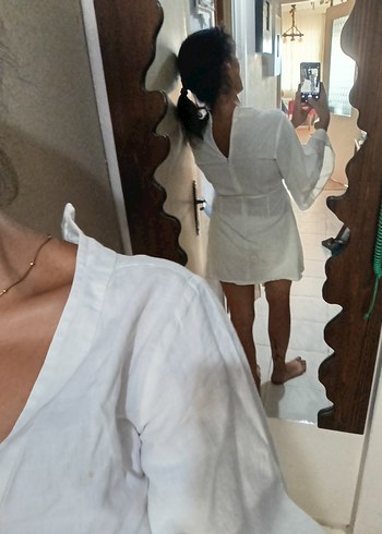 Keten beyaz yumuşak plaj elbisesi - Görsel 5