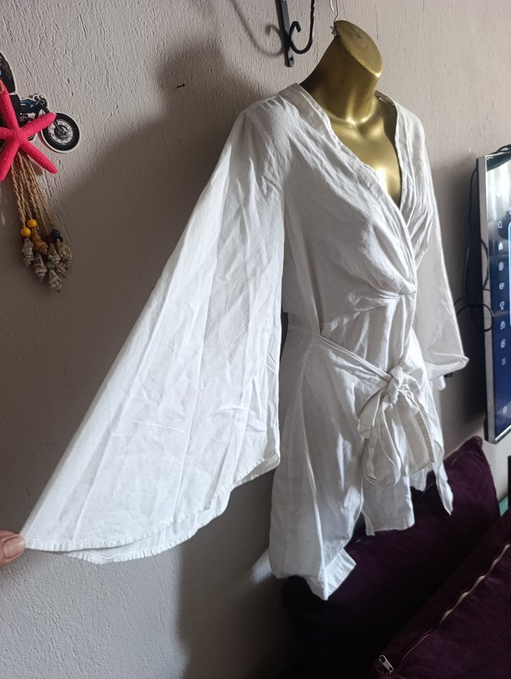 Keten beyaz yumuşak plaj elbisesi - Görsel 2