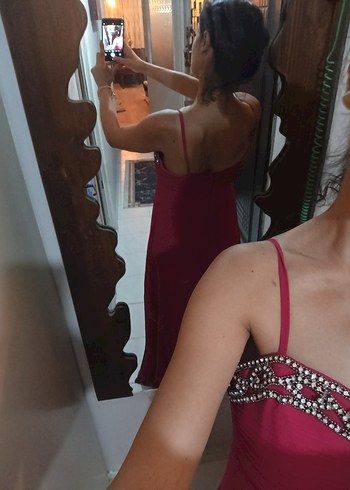 koyu kırmızı Drapeli Straplez Abiye Elbise - Görsel 4