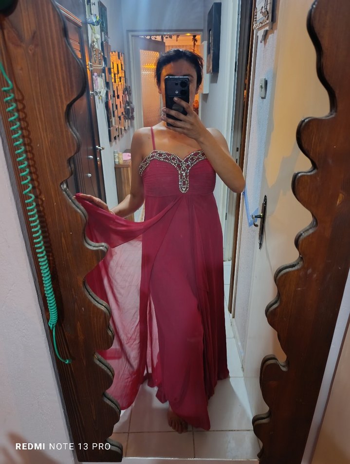 koyu kırmızı Drapeli Straplez Abiye Elbise - Görsel 3