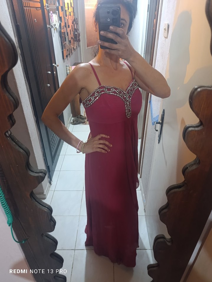 koyu kırmızı Drapeli Straplez Abiye Elbise - Görsel 2