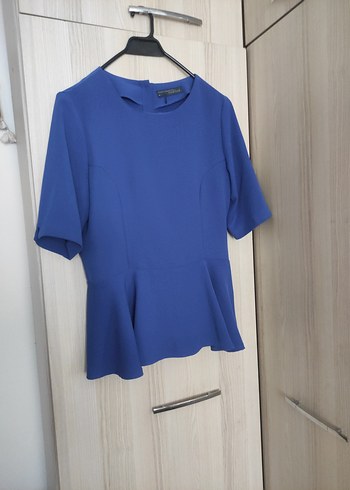 Mavi Mini Kadın Bluz, Kısa Kollu, Yuvarlak Yakalı