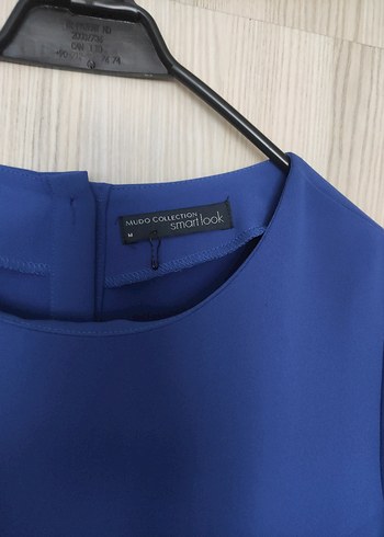 m Beden Mavi Mini Kadın Bluz, Kısa Kollu, Yuvarlak Yakalı