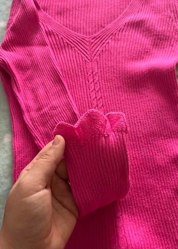 Pembe V Yaka Triko Kadın Kazak - Görsel 2