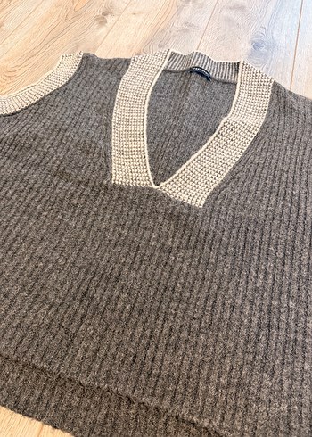 Gri V Yaka Örgü Kadın Süveter - Görsel 2