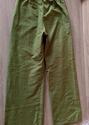 Düğmeli Yeşil Keten Rahat Kesim Pantolon - Görsel 2