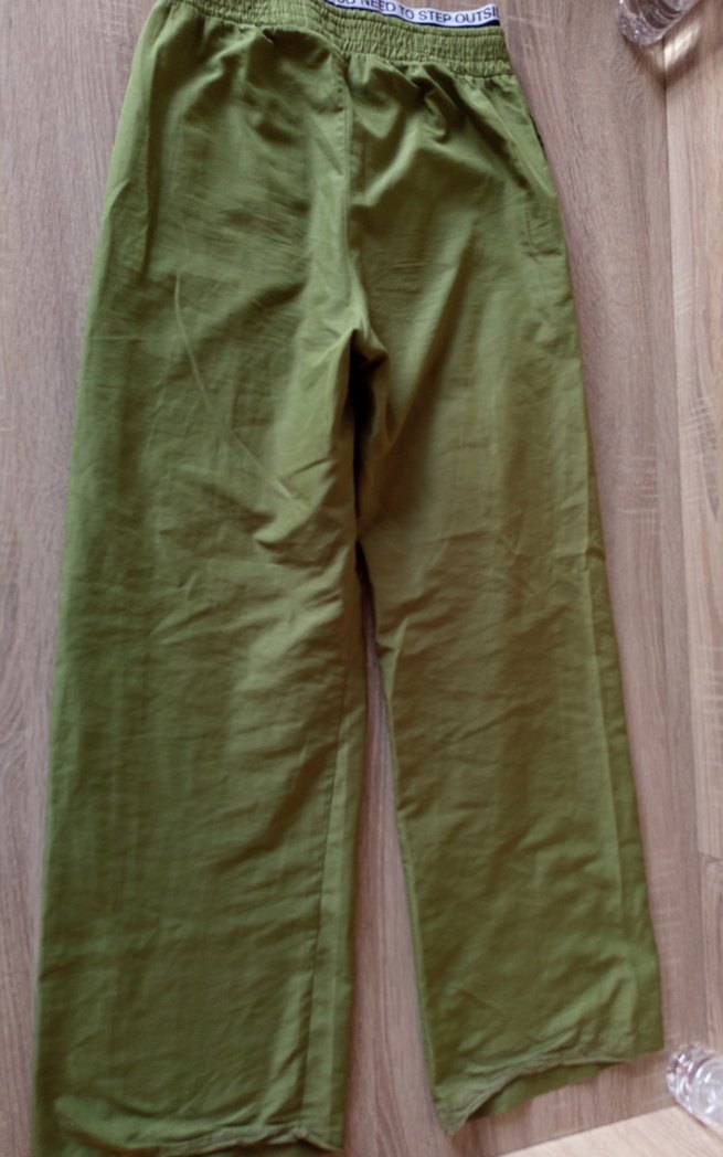Düğmeli Yeşil Keten Rahat Kesim Pantolon - Görsel 2