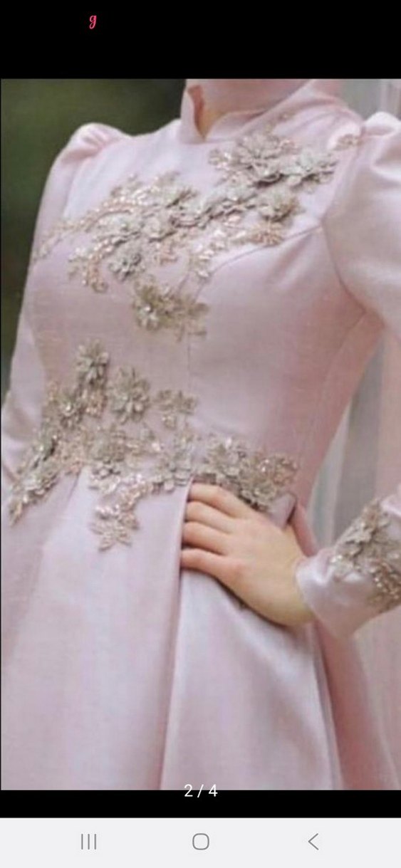 Pembe Nakışlı Uzun Kollu Nişan Elbisesi - Görsel 2