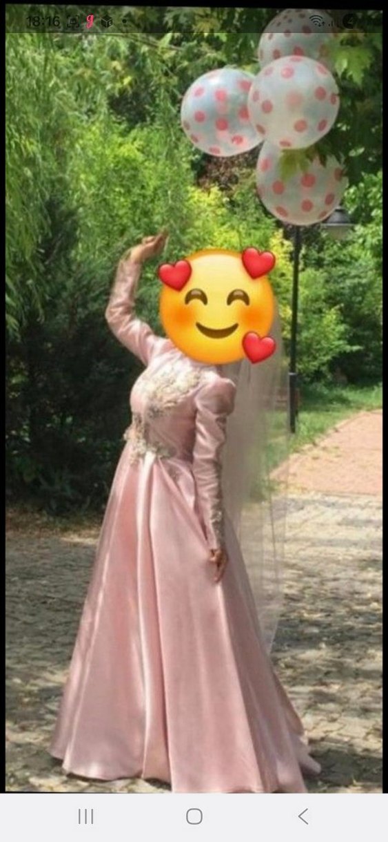 Pembe Nakışlı Uzun Kollu Nişan Elbisesi - Görsel 4