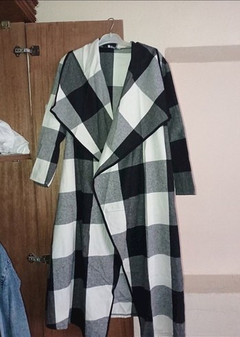 Gri Ekose Desenli kaşe Uzun hırka trençkot - Görsel 2