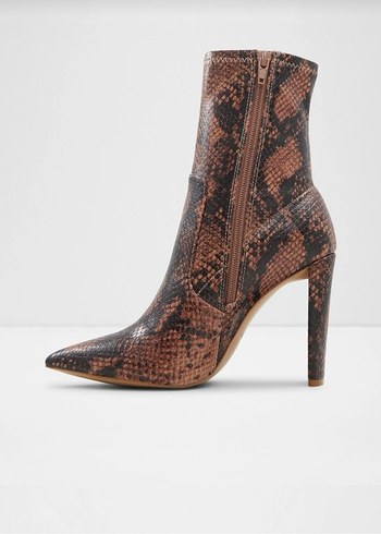 Kahverengi Yılan Desenli Stiletto Topuklu Deri Bot - Görsel 3