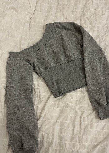 Koton Gri Melanj Asimetrik Omuzlu Crop Sweatshirt