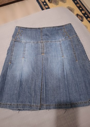 Kadın Mavi Denim Pileli Mini Etek