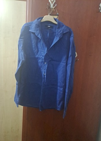 Mavi Parlak Erkek gömlek%100 Keten - Görsel 5