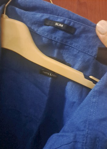 Mavi Parlak Erkek gömlek%100 Keten - Görsel 2