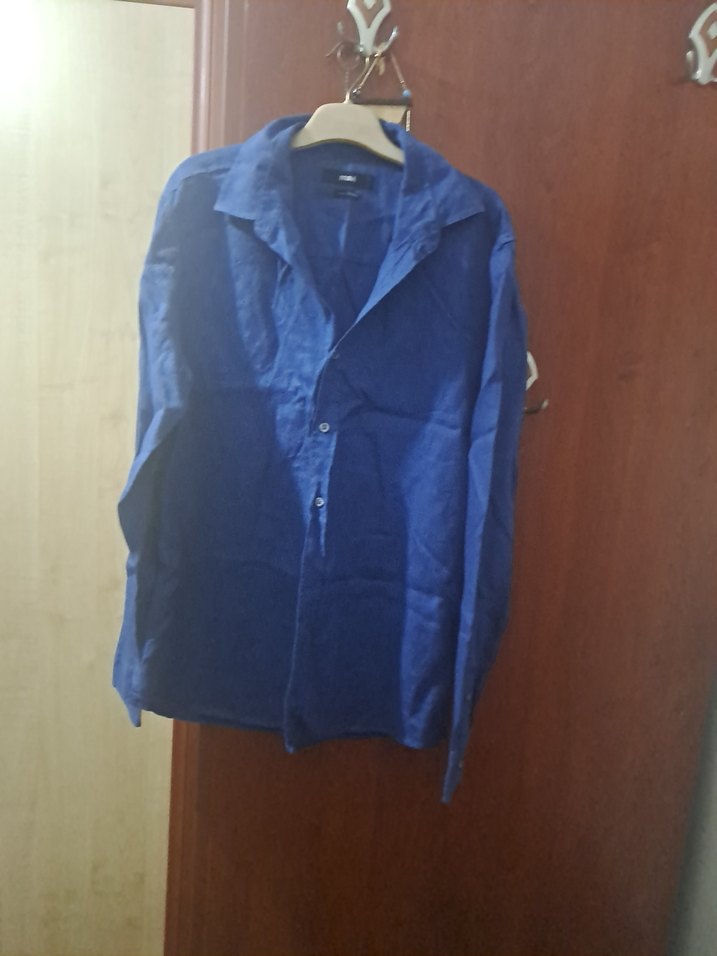 Mavi Parlak Erkek gömlek%100 Keten - Görsel 5