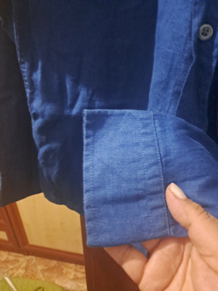 Mavi Parlak Erkek gömlek%100 Keten - Görsel 4