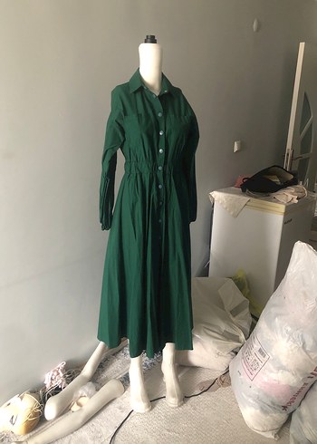 Düğmeli Yeşil Uzun Keten Elbise