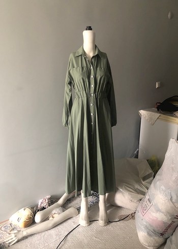 Diğer Düğmeli Khaki Uzun Salaş Elbise