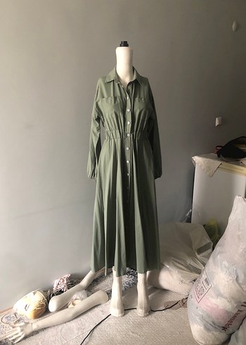 Düğmeli Khaki Uzun Salaş Elbise