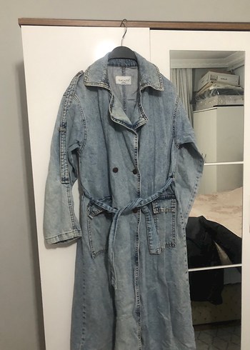 Kadın Mavi Kot Ceket Kemerli Midi Boy - Görsel 4