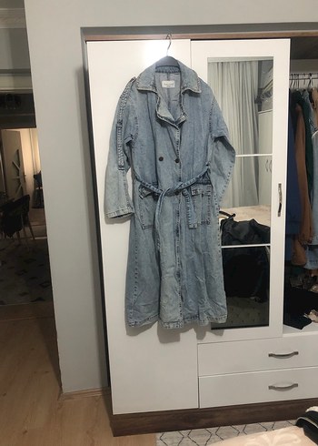 Kadın Mavi Kot Ceket Kemerli Midi Boy - Görsel 2