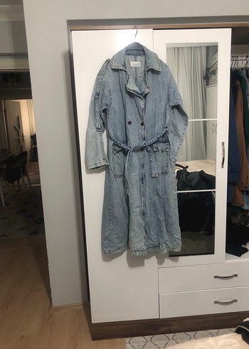 Kadın Mavi Kot Ceket Kemerli Midi Boy - Görsel 3