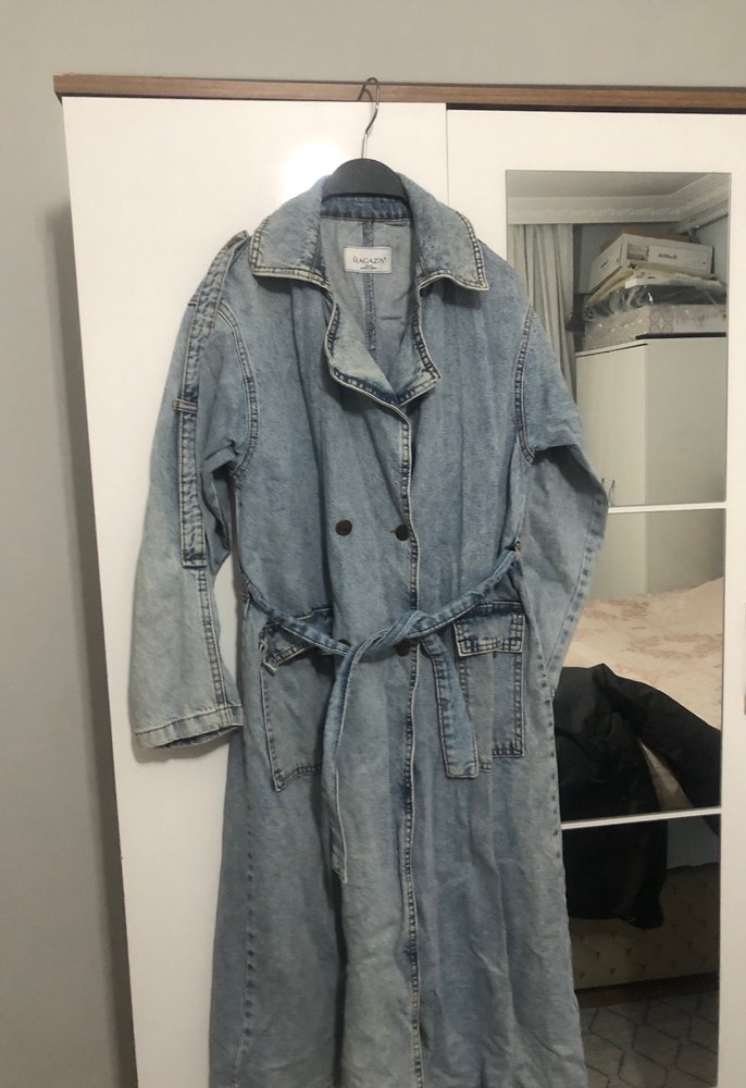 Kadın Mavi Kot Ceket Kemerli Midi Boy - Görsel 4