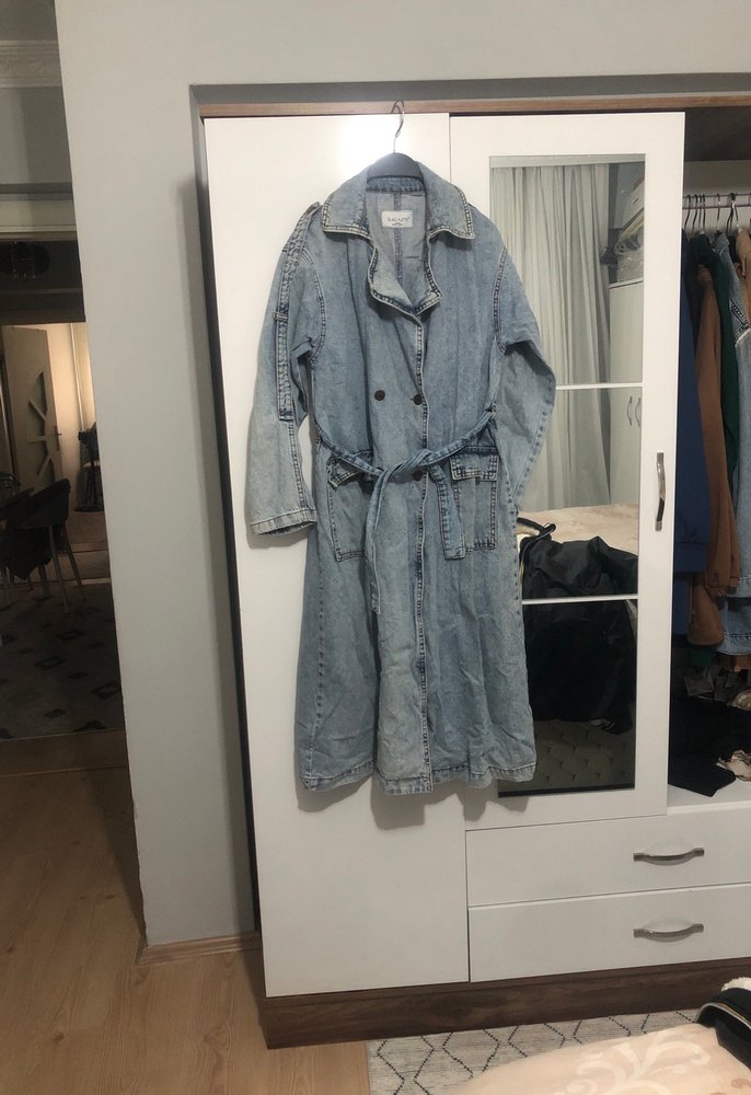 Kadın Mavi Kot Ceket Kemerli Midi Boy - Görsel 2