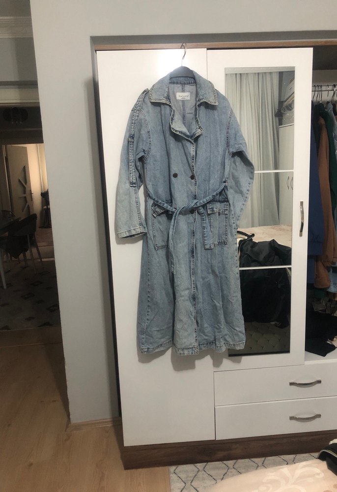 Kadın Mavi Kot Ceket Kemerli Midi Boy - Görsel 3