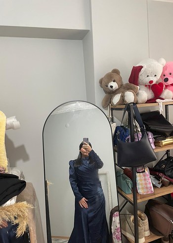 Lacivert Drapeli Uzun Kollu Kadın Abiye Elbise - Görsel 5