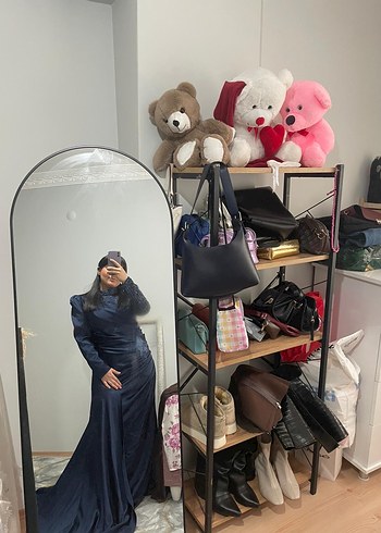 Lacivert Drapeli Uzun Kollu Kadın Abiye Elbise - Görsel 4