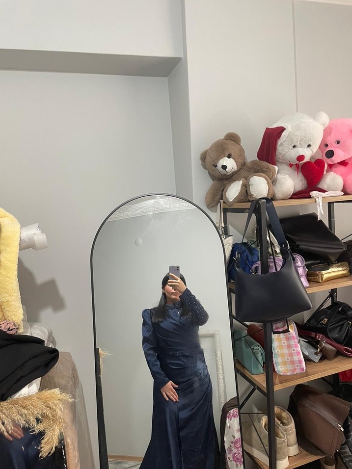 Lacivert Drapeli Uzun Kollu Kadın Abiye Elbise - Görsel 5