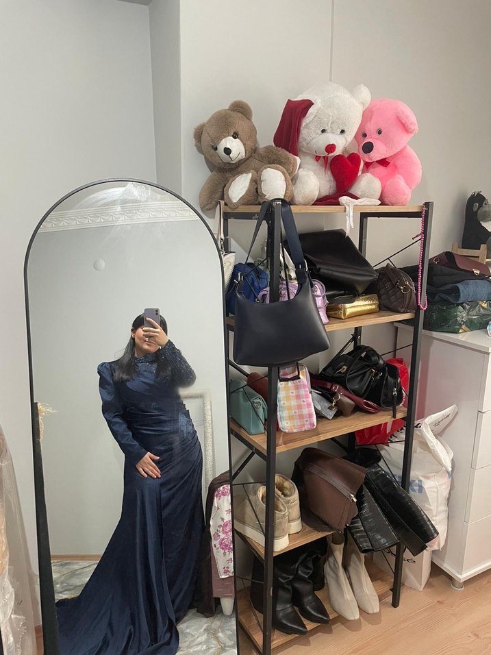 Lacivert Drapeli Uzun Kollu Kadın Abiye Elbise - Görsel 4