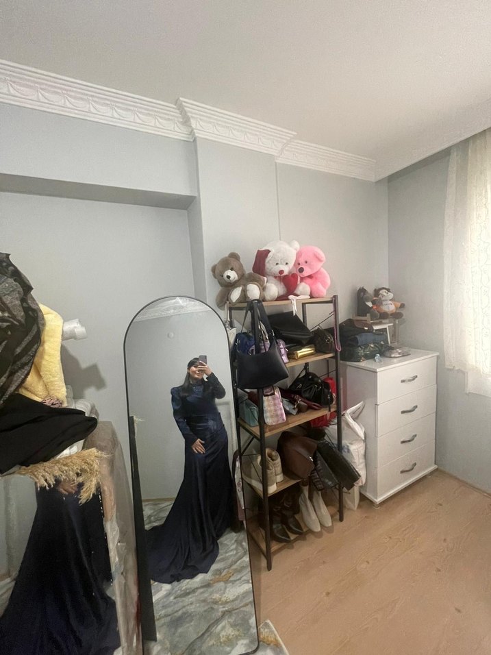 Lacivert Drapeli Uzun Kollu Kadın Abiye Elbise - Görsel 3