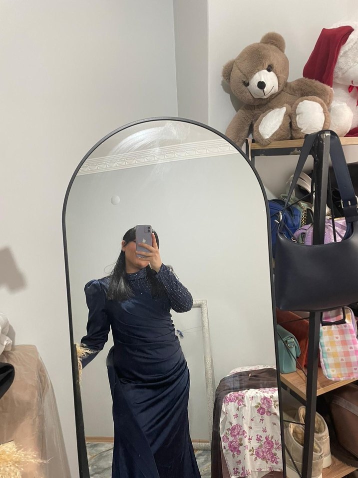 Lacivert Drapeli Uzun Kollu Kadın Abiye Elbise - Görsel 2