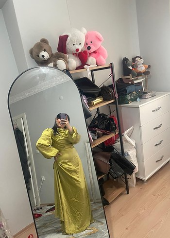 Sarı Uzun Keten Kadın Elbise - Görsel 2