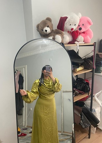 Sarı Uzun Keten Kadın Elbise - Görsel 4