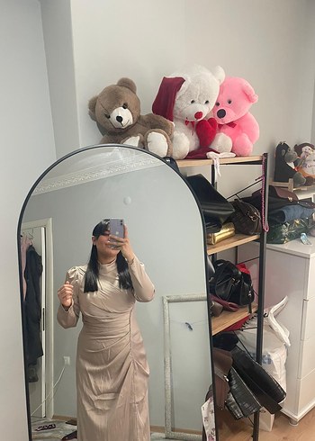 Bej Uzun Keten Kadın Elbise - Görsel 3