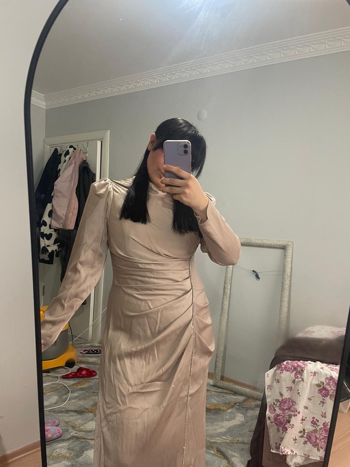 Bej Uzun Keten Kadın Elbise - Görsel 2