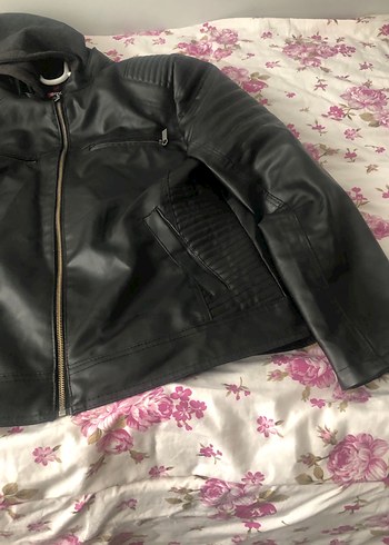 Siyah Kapüşonlu Deri Biker Ceket - Görsel 6