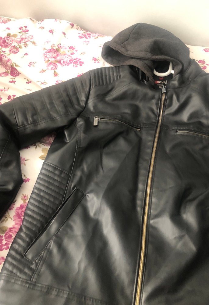 Siyah Kapüşonlu Deri Biker Ceket - Görsel 5