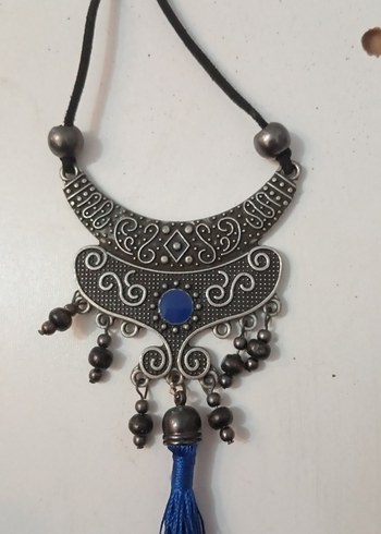 Uzun Etnik Desenli Mavi Püsküllü Bohem Kolye - Görsel 2