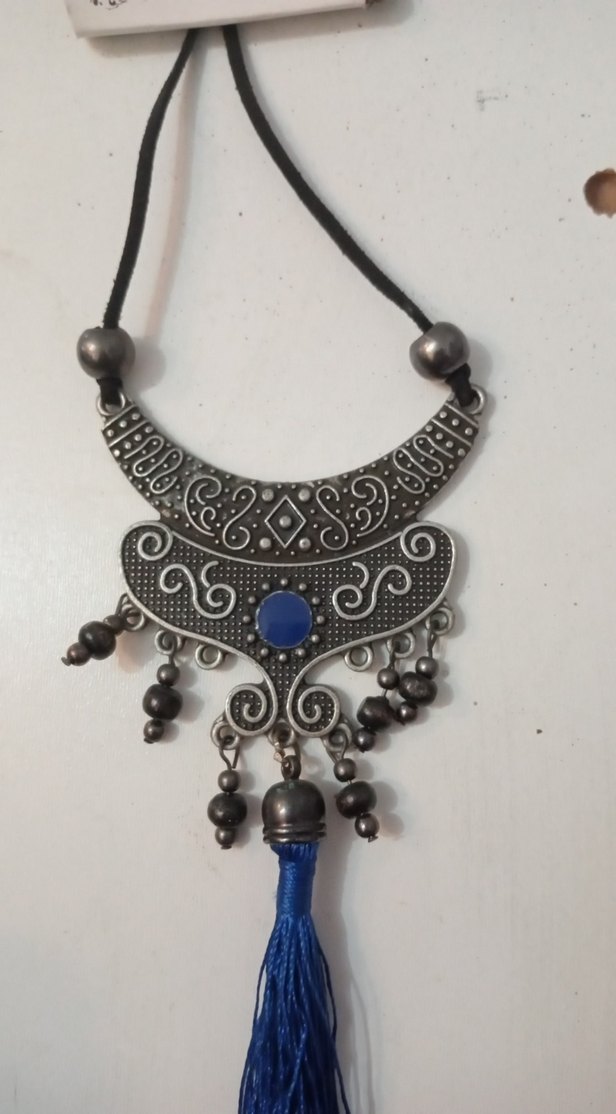 Uzun Etnik Desenli Mavi Püsküllü Bohem Kolye - Görsel 2