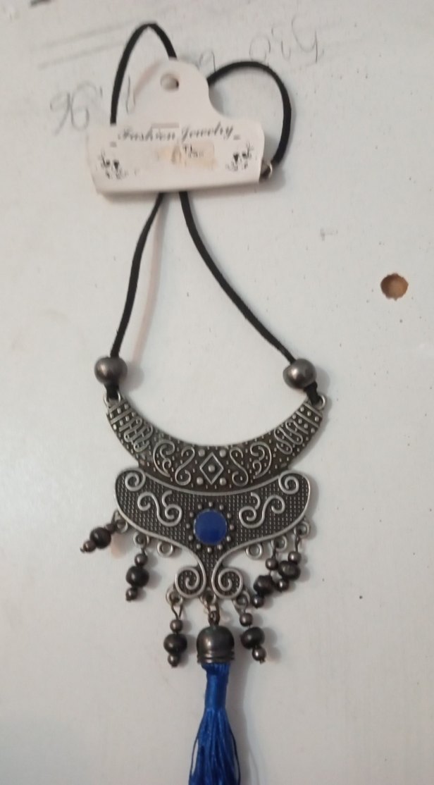 Uzun Etnik Desenli Mavi Püsküllü Bohem Kolye - Görsel 3