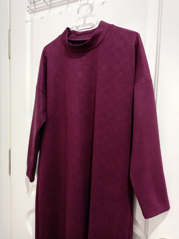 Bordo Uzun Kollu Yüksek Yakalı Elbise - Görsel 2